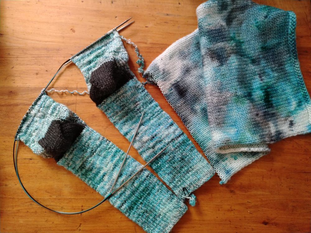 Photo of socks being knit two at a time on circular needles