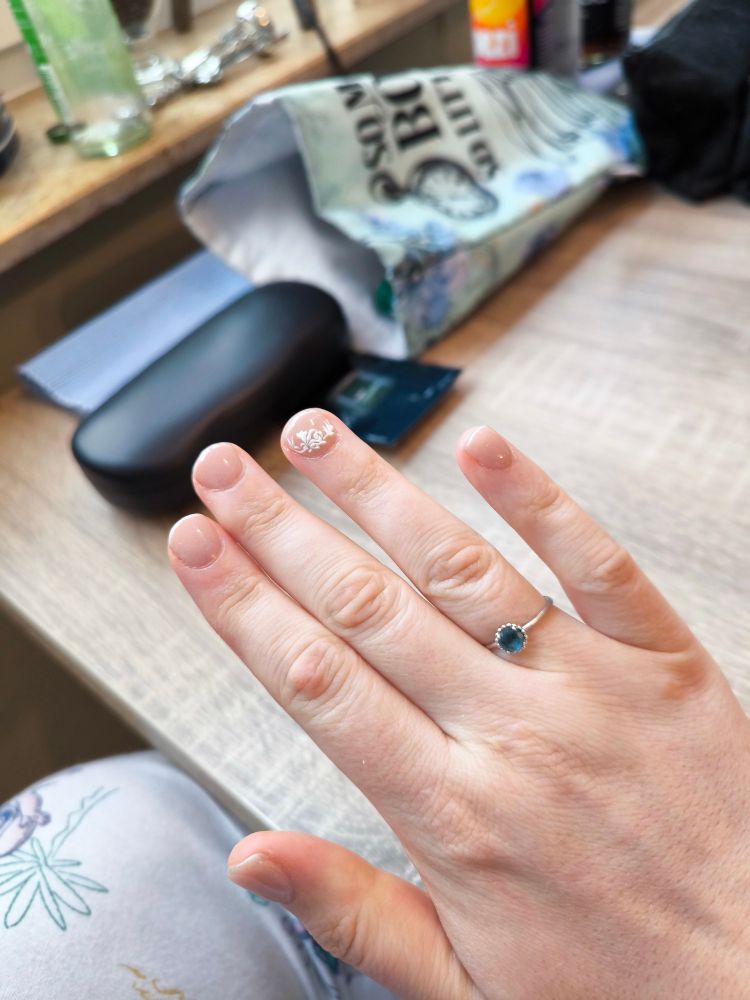 Meine rechte Hand. Die nägel sind leicht rosa glitzernde lackiert. Auf dem Ringfinger-Nagel ist eine Rose als weißer sticker