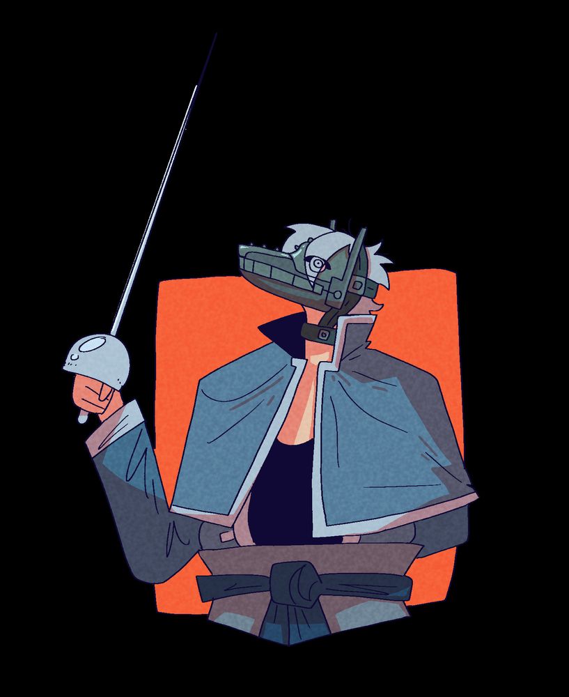 swordsman from space, with a blue cape and a robotic dog mask