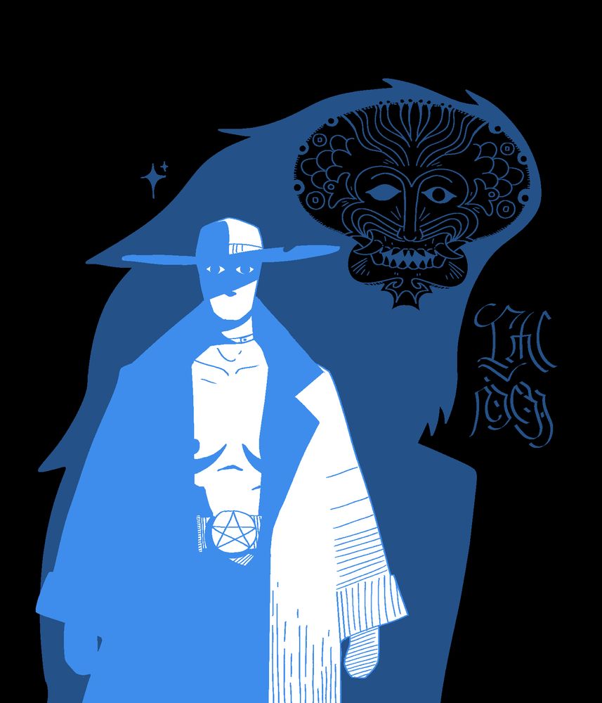 a blue silhouette of a cowboy stands there, looking at thee, menecingly. Behind her is a fiend who is also looking in a scary way, but only with one eye. 