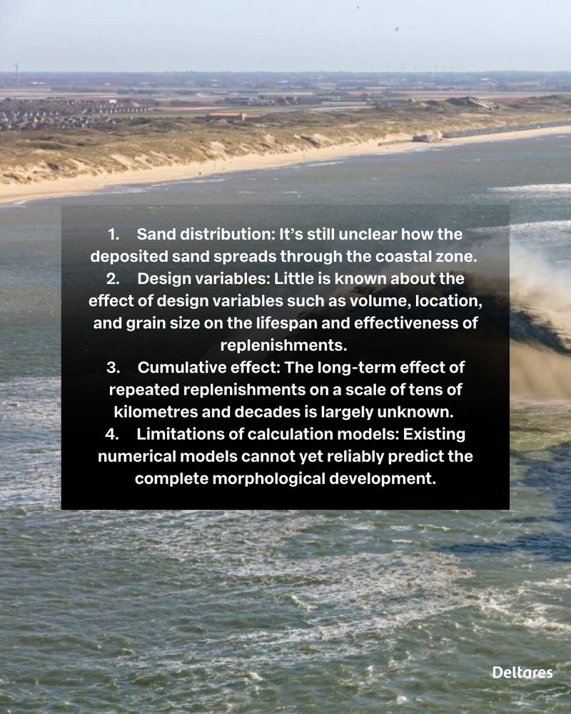 1.     Sand distribution: It’s still unclear how the deposited sand spreads through the coastal zone. 
2.     Design variables: Little is known about the effect of design variables such as volume, location, and grain size on the lifespan and effectiveness of replenishments. 
3.     Cumulative effect: The long-term effect of repeated replenishments on a scale of tens of kilometres and decades is largely unknown. 
4.     Limitations of calculation models: Existing numerical models cannot yet reliably predict the complete morphological development.