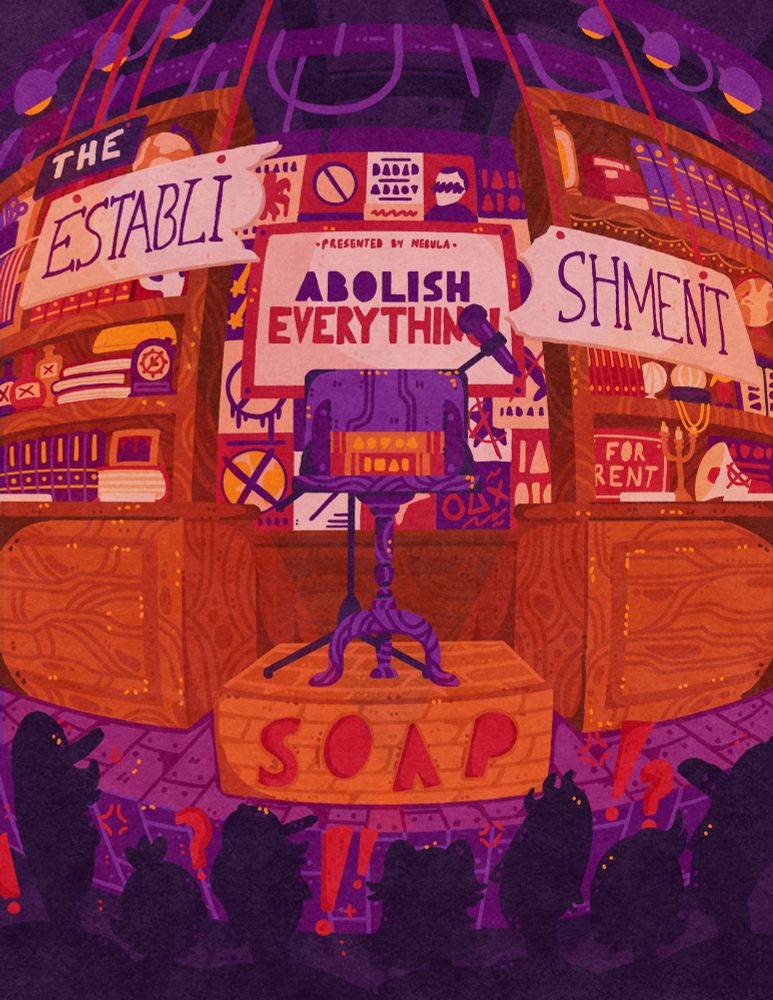 Illustration of the Abolish Everything set in purples, browns and reds with the podium in the middle and a classic academic-style interior surrounding it in a fish-eye lense