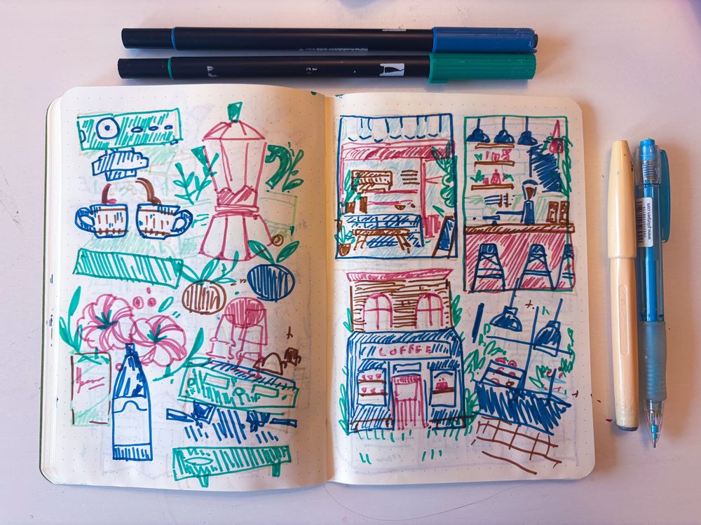 Sketchbook spread in teal, brown, a dusky pink and dark blue drawn with Tombows with various little doodles relating to a coffee bar.