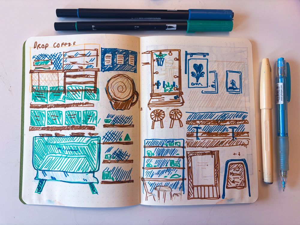 Sketchbook spread in teal, brown, and dark blue drawn with Tombows with various little doodles relating to a coffee bar.