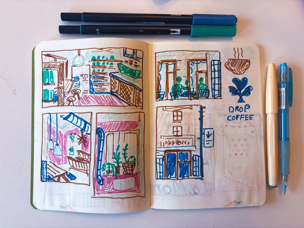 Sketchbook spread in teal, brown, a dusky pink and dark blue drawn with Tombows with various little doodles relating to a coffee bar.