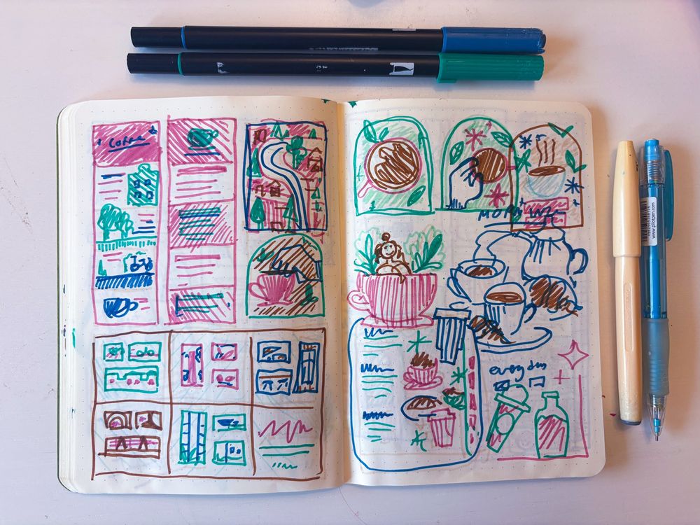 Sketchbook spread in teal, brown, a dusky pink and dark blue drawn with Tombows with various little doodles relating to a coffee bar.