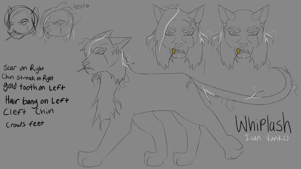 Image shows a cat version of the Iron Man villian Ivan Vanko / Whiplash, depicted with a gold tooth, tooth pick, scar, and streaks of white fur. 