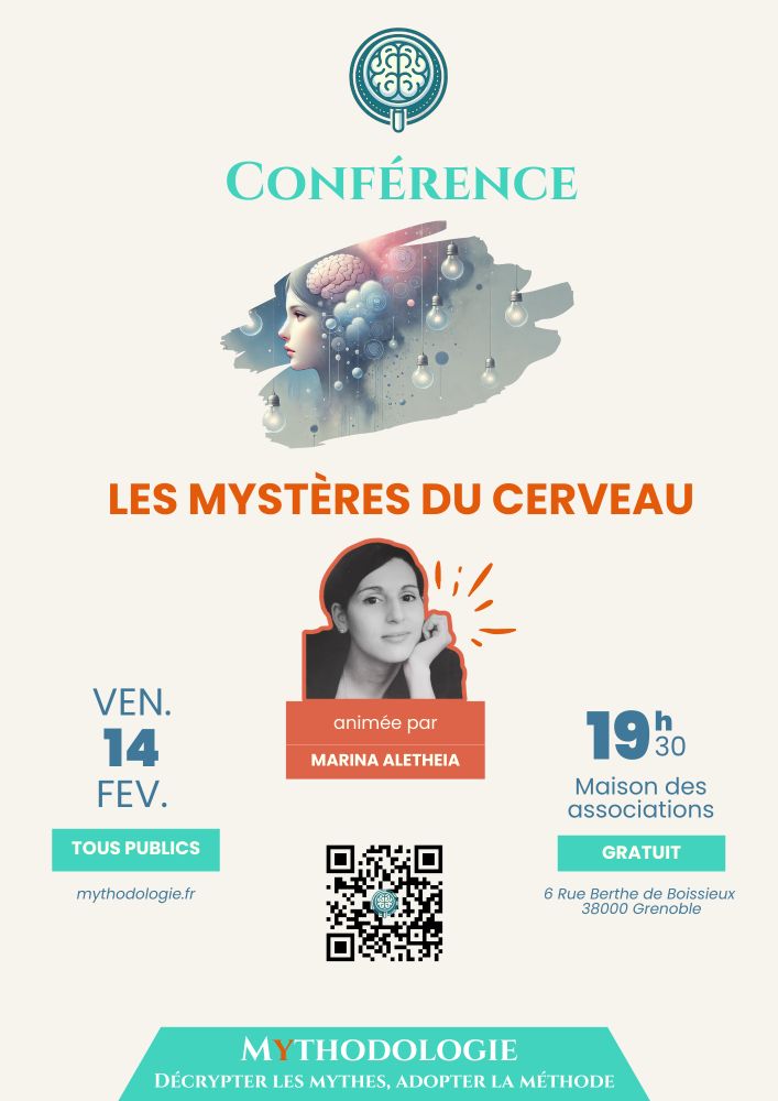 Affiche de la conférence "Les mystères de notre cerveau" vendredi 14 février à 19h30, maison des association de Grenoble (gratuit, présenté par Marina Aletheia de Mythodologie)