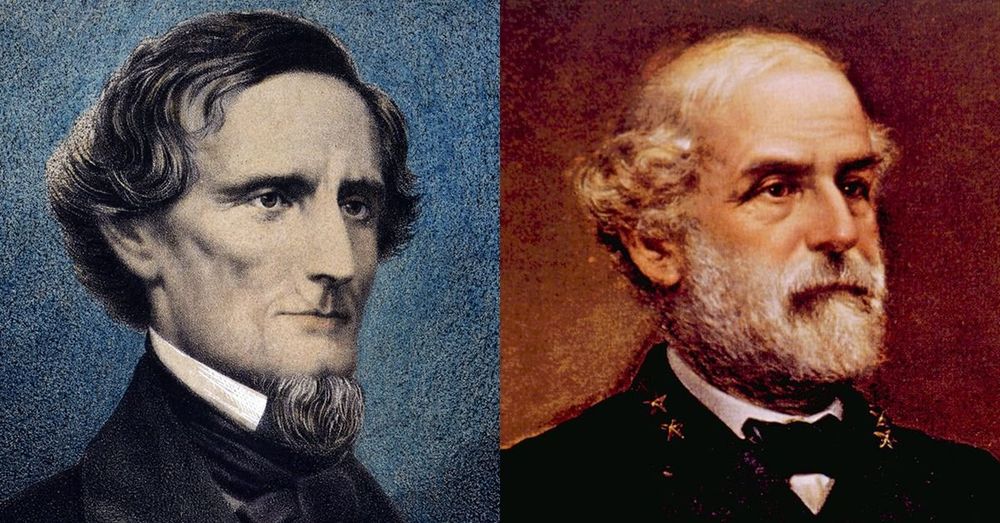 Drawings of Jefferson Davis and Robert E. Lee, two advocates of human slavery.