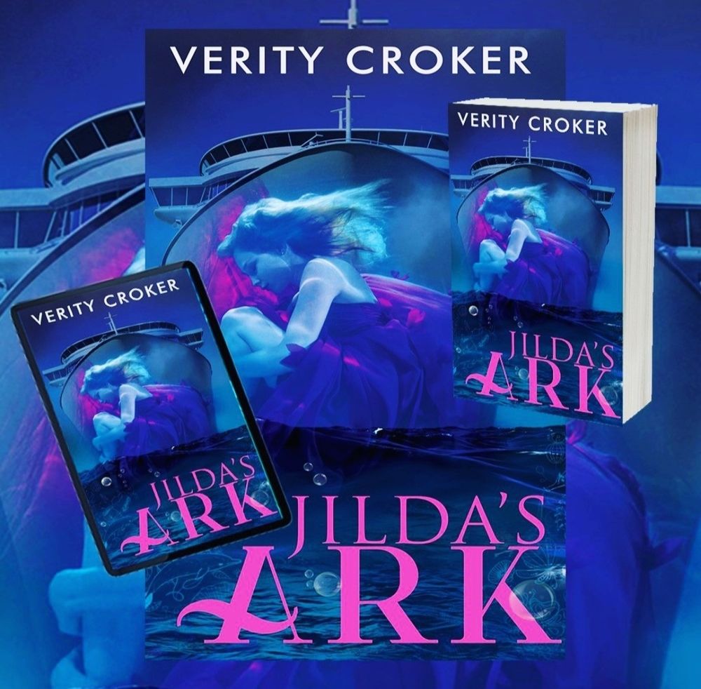 Multiple pictures of cover of Jilda's Ark by Verity Croker, showing a girl and a ship, with the title in hot pink writing 