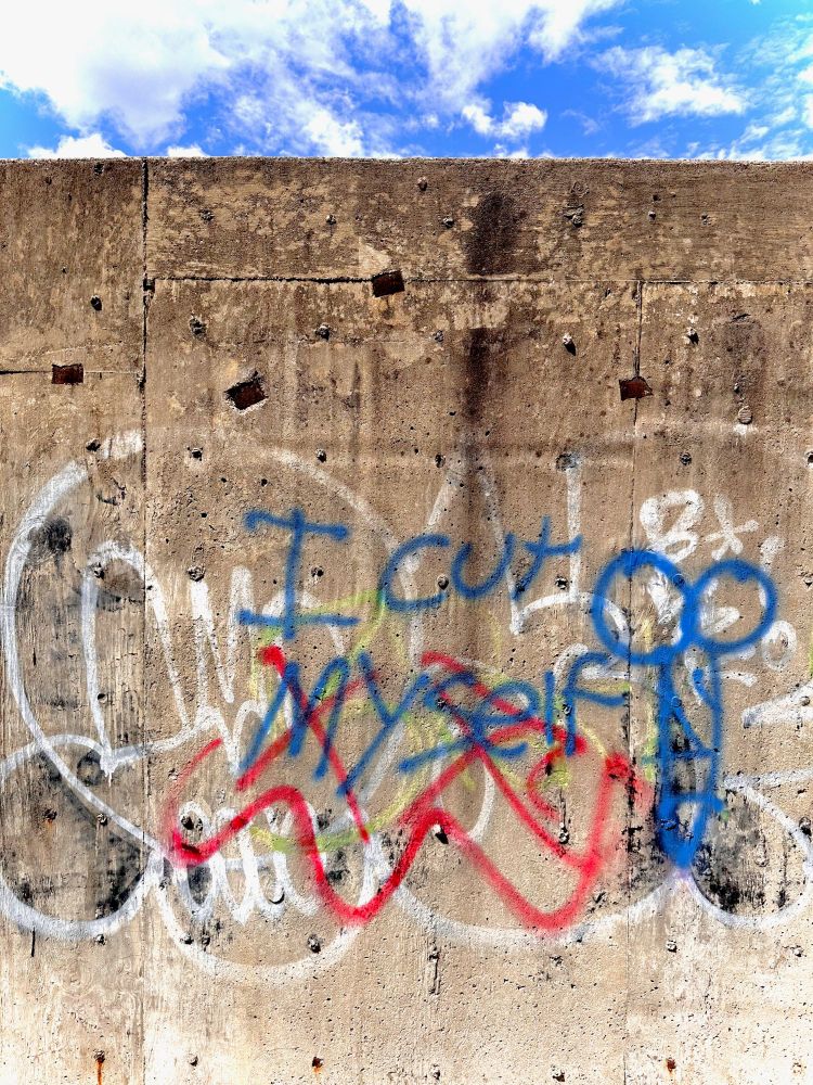 Graffitti on a weatherworn concrete wall made of slabs, above which runs a rib of cloud-marbled blue sky. Clockwise and from first layer to last: A cartoonish skull with giant round ears, spray-painted in white; in royal blue, the words 