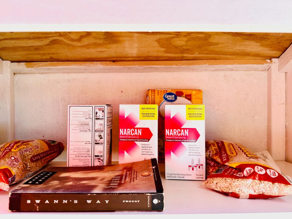 Free Library bookshelf. LEft to right: a bag of rice; Marcel Proust's Swann's Way; three boxes of NARCAN; another bag of rice. 