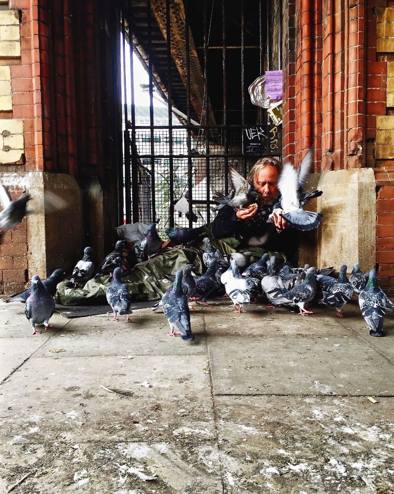 In a red brick arch under a bridge, a middle-aged blond man receives the ministrations of pigeons. 
