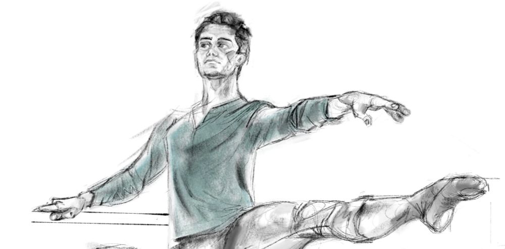 a sketch picturing a male dancer at the barre during warmups with his left arm and leg raised in second position. The only thing in color is his shirt, which is green. 