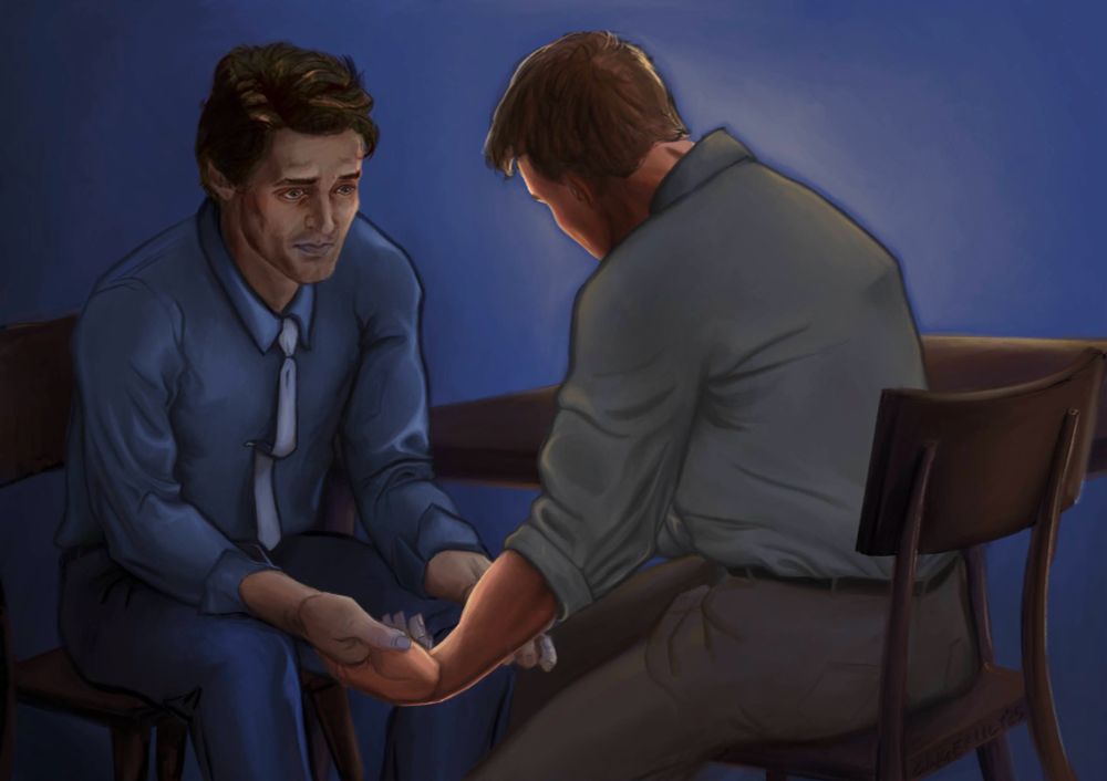 A painting, mostly in shades of blue, of the characters Neal Caffrey and Peter Burke sitting face to face next to a table. Neal is suffering from the effects of frostbite: his skin is pale, and his lips and the tips of his fingers are blue. Peter, which his back mostly to the viewer, is massaging warmth back into Neal’s hands. Whatever source of light in the room is blocked by Peter, and so he appears to glow slightly. The light reflects off of tears in Neal’s eyes.  