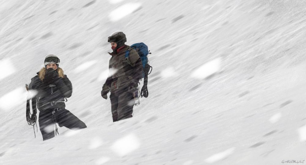 A painting based on the Leverage episode The Long Way Down Job. Eliot and Parker are bundled up, and have paused on the mountainside as the wind whips snow past them, slightly obscuring their figures. They appear buried up to their knees in snow, and as they look off into the distance and parker cups her hands to her mouth for warmth.