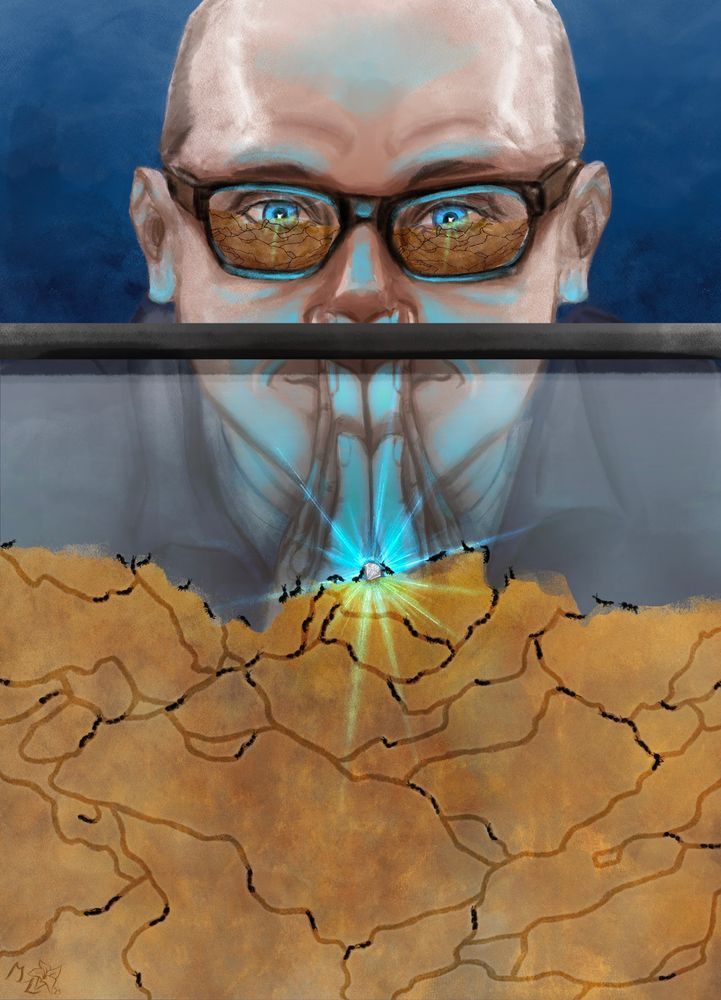 An illustration of the character Mozzie, from the show White Collar, staring gleefully at a cut diamond sitting in an ant colony tank. Ants crawl through the various tunnels and on the surface. The diamond is shining brightly, and it casting cool light on Mozzie’s face. It and the ant farm are reflected in Mozzies glasses.