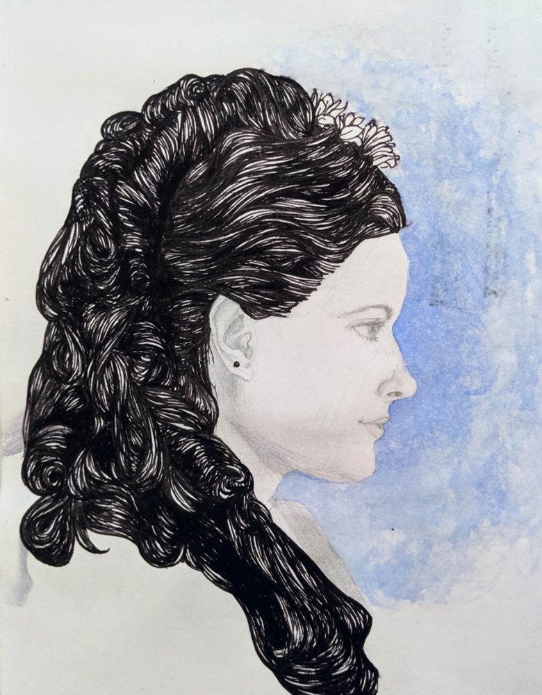 drawing of a woman in a wig with dark long hair. The hair is drawn with black pen, the woman’s face is sketched in graphite, and the background is a wash of cornflower blue. 