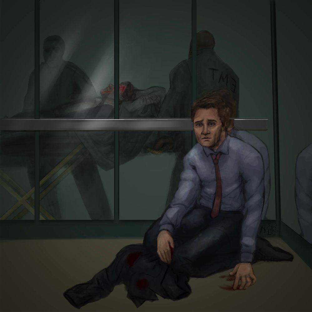 A digital painting of the character Peter Burke (from the show White Collar) kneeling dejectedly, holding a bloodied jacket in his limp hand. He is sitting in an elevator, and in the mirrored wall we see Neal Caffrey, with blood on his temple, being carried off in a stretcher. The piece is dark and moody, with the only bright, saturate color being the blood on Neal’s head. 