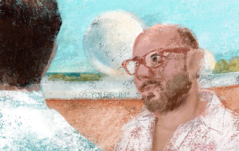 A digital drawing made to look like it was done with conte crayon, from a scene in White Collar season 4 episode 1.  Mozzie is facing Neal, who has his back to the camera, on a background that features a pale orange plaster wall topped in white, and a narrow glimpse of greenery and ocean before an expansive blue sky. Across the white and orange of the wall are the words “you run, I run.”