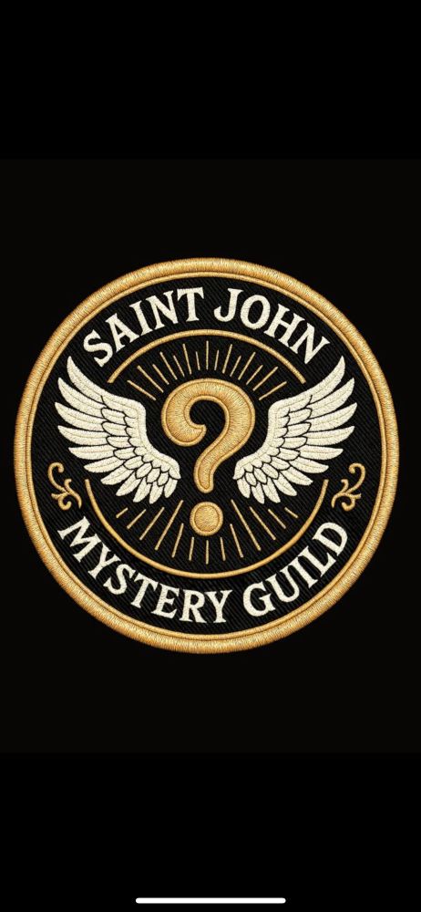 Saint John mystery guild logo, shaped like a circular woven badge featuring a question mark with wings in the centre 