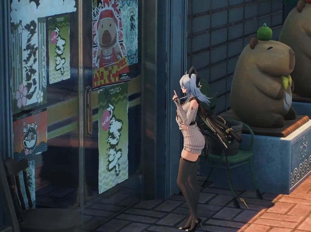 Zani observing posters in her new skin