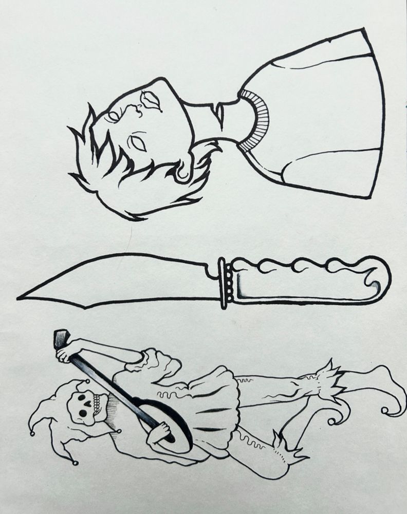 A flash sheet by rat king. Showing a person with their neck splitting, a dagger and a skeletal jester playing an instrument 