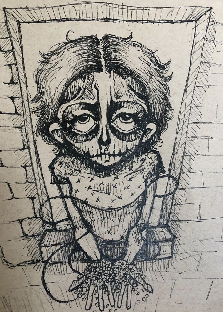A drawing by rat king of a character in skeleton makeup and a hospital gown, holding out a handful of overflowing pills 