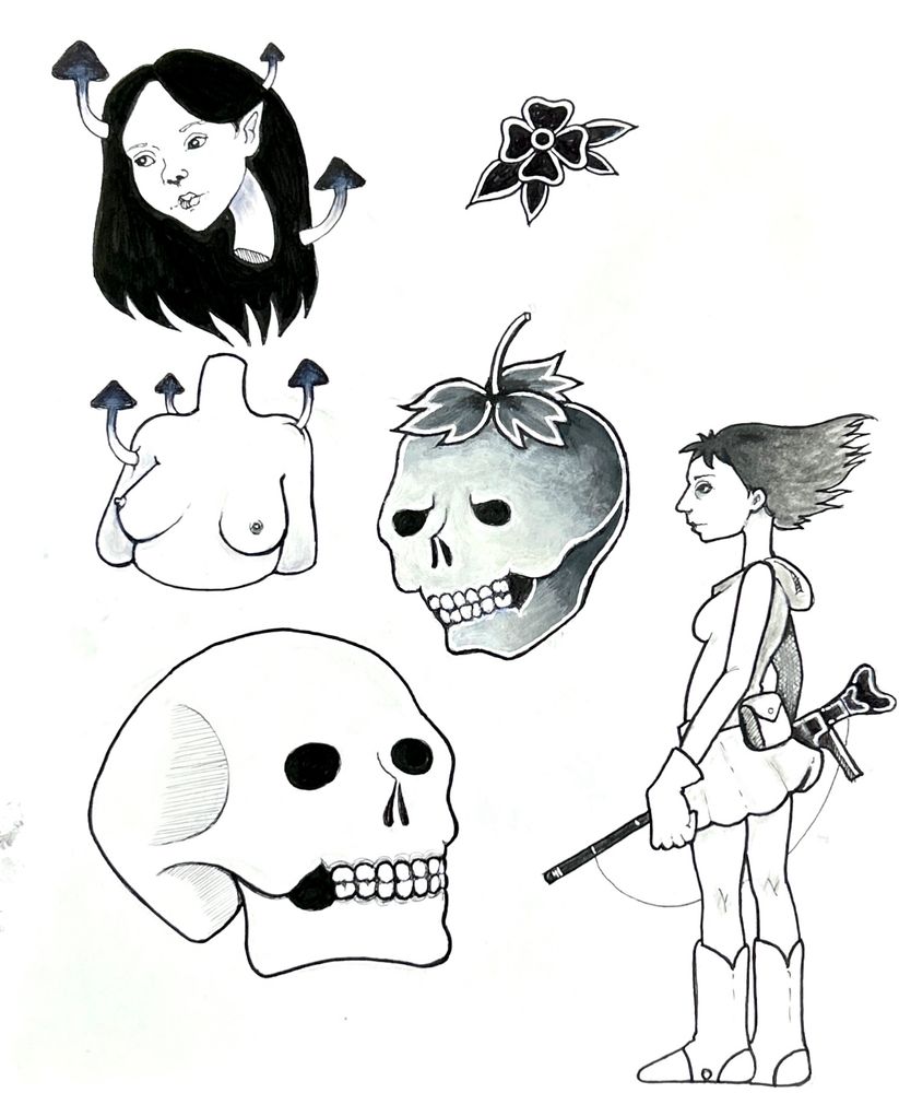 A redone flash sheet by rat king, of a floating, mushroom covered head over a body, a flower, a strawberry skull, a human skull, and a character based off of a design of naussica of the valley of the wind 