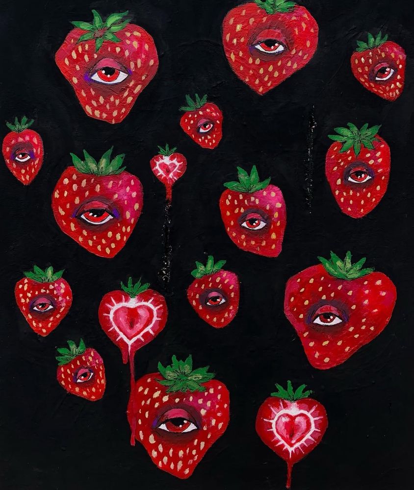 An acrylic painting by rat king, of a bunch of strawberries with eyes 