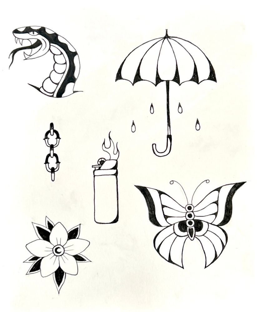 A sketchbook page by rat king, of a snake head, and umbrella, a chain link, a lighter, a flower and a butterfly all trying to be in American traditional style 