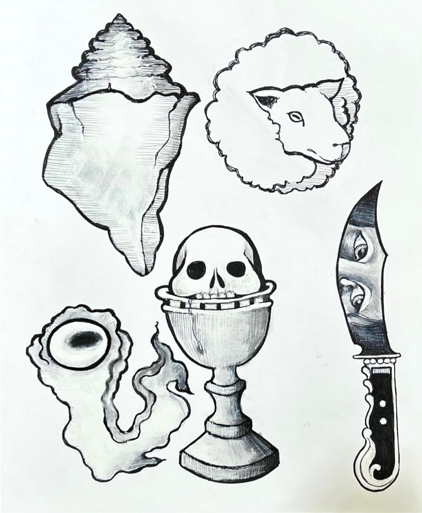 A flash sheet by rat king of a conch shell, a sheep’s head, a sheep eye, a skull in a goblet and a dagger with crying eyes in the blade 