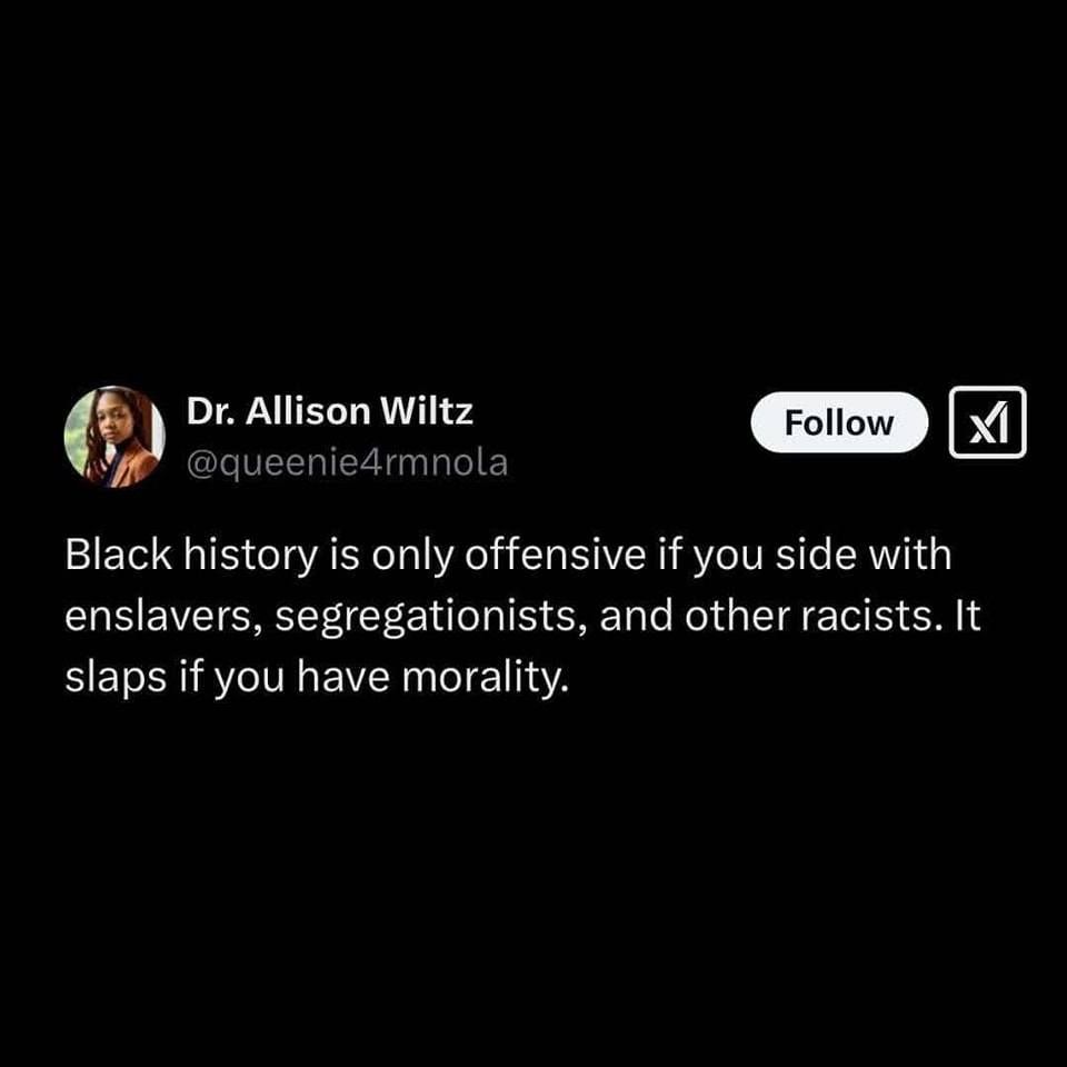 Tweet by @queenie4rmnola saying "Black history is only offensive if you side with enslavers, segregationists, and other racists. It slaps if you have morality."