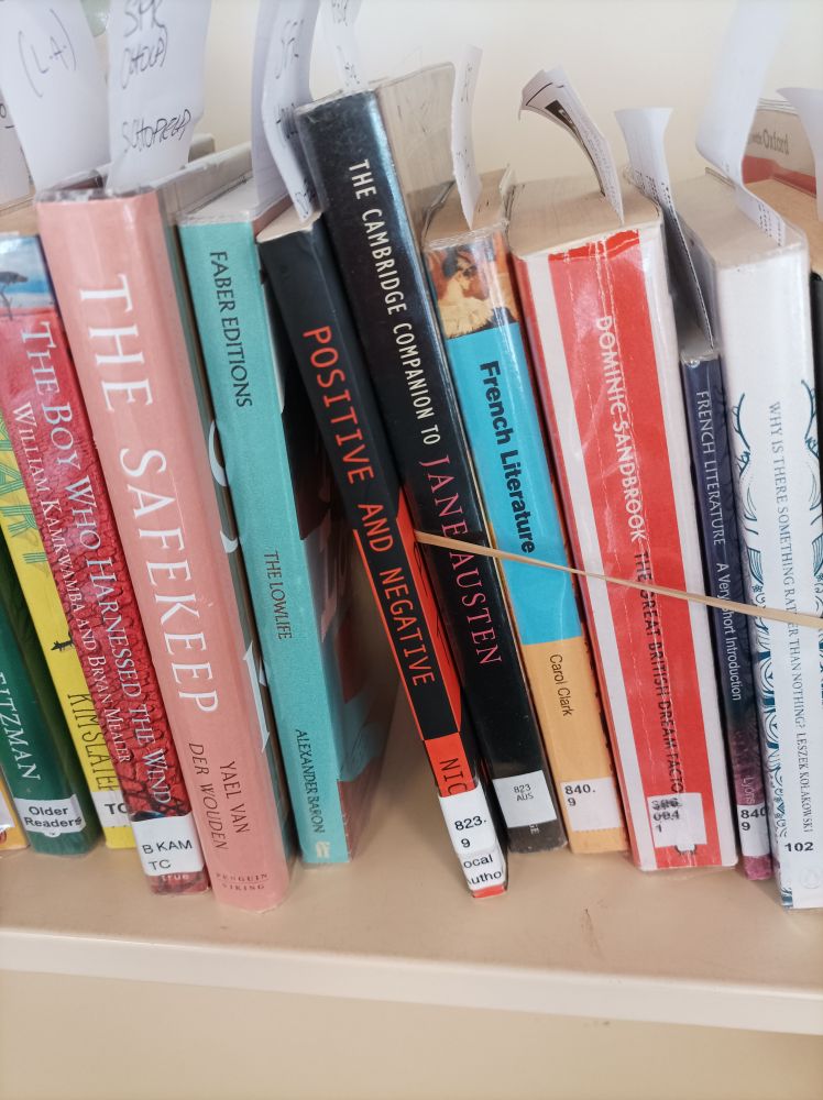 The short story collection 'Positive and Negative' by Nick Black on a shelf of books awaiting collection.