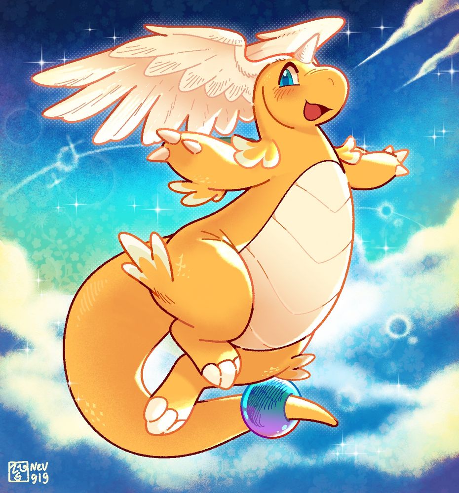 A mega evolved Dragonite smiling at the viewer while hovering in the sky, they have their arms spread out and surrounded by bright fluffy clouds and sparkles. 
