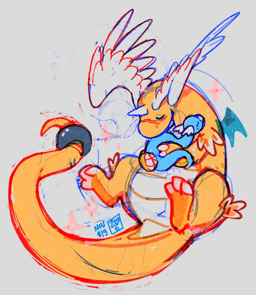 A mega evolved Dragonite holding a sad Dratini close to its chest and comforting it. The drawing is still a sketch but it is colored with a limited palette. 
