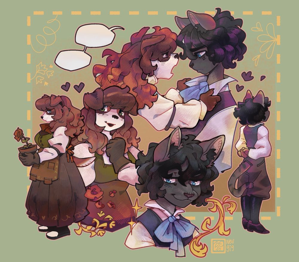 Various drawings of two anthro characters, a canine and a feline, in different poses and interactions 