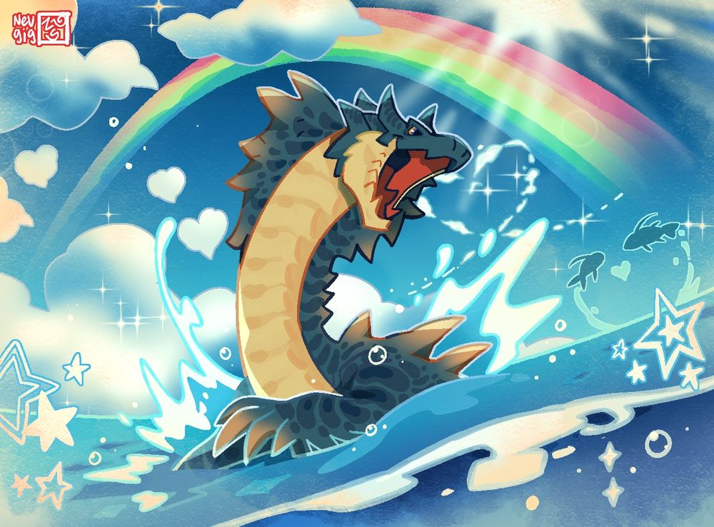 A lagiacrus doodled over the happy dolphin meme 