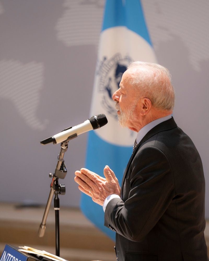 Brazilian President Luiz Inácio Lula da Silva speaking on his visit to the INTERPOL headquarters in Lyon, France. 