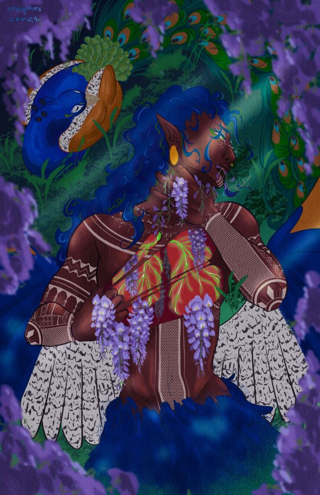 My original character, Elayaraj is a Kinnara. He's laying on the ground with a hand to his throat and his other hand pulling open his chest to reveal lungs, wrapped in vines. There are wisteria growing out of his lung cavity and between the fingers on his throat and out of his mouth. He's suffering hanahaki disease. The illustration is bordered by wisteria, as if peering through to see him. A peacock slumbers next to him.