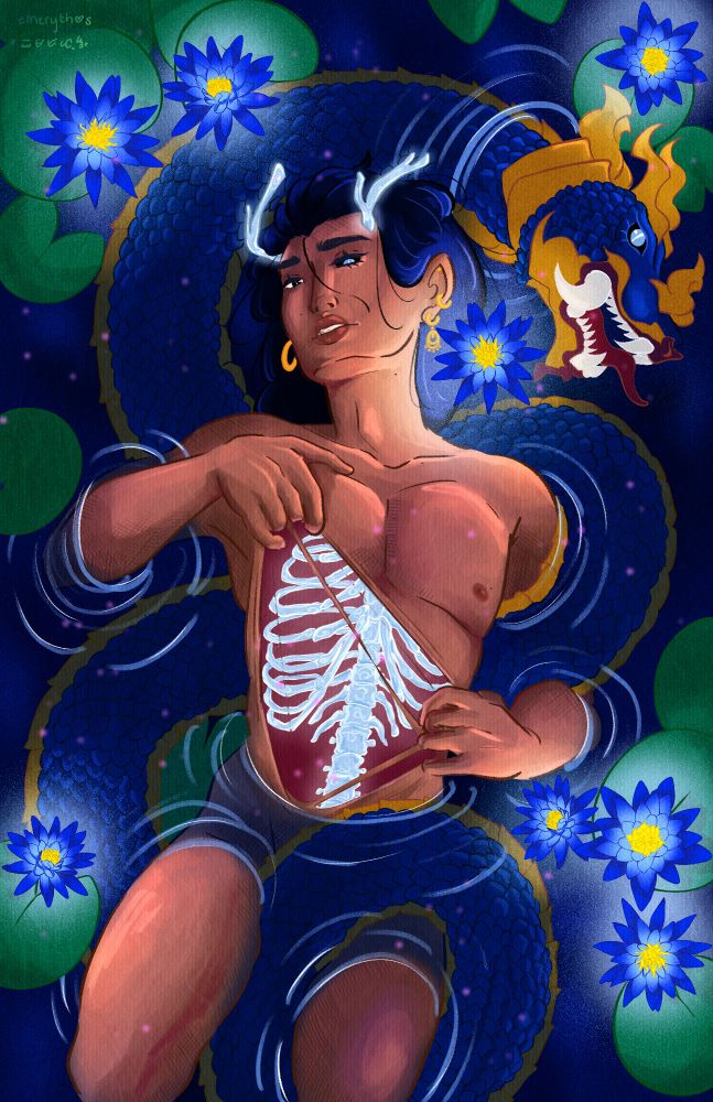 My original character, Eeksha. They're laying in water, pulling open their abdomen to reveal their glowing ribcage. The water is decorated with glowing blue lotuses and lily pads. Within the water, a naga (type of Southeast Asian sea serpent/dragon) is seen, coiling it's scaly body around Eeksha's different limbs.