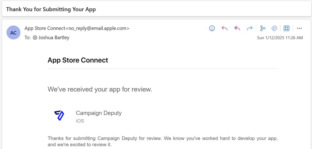 APPLE App store connect email saying that the Campaign Deputy app was submitted for review.
