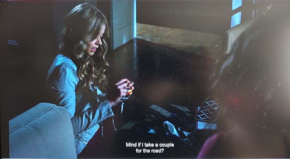 Screenshot two of two from the show Pretty Little Liars. Alison (teenage white girl with blond hair) is saying "Mind if I take a couple for the road?"