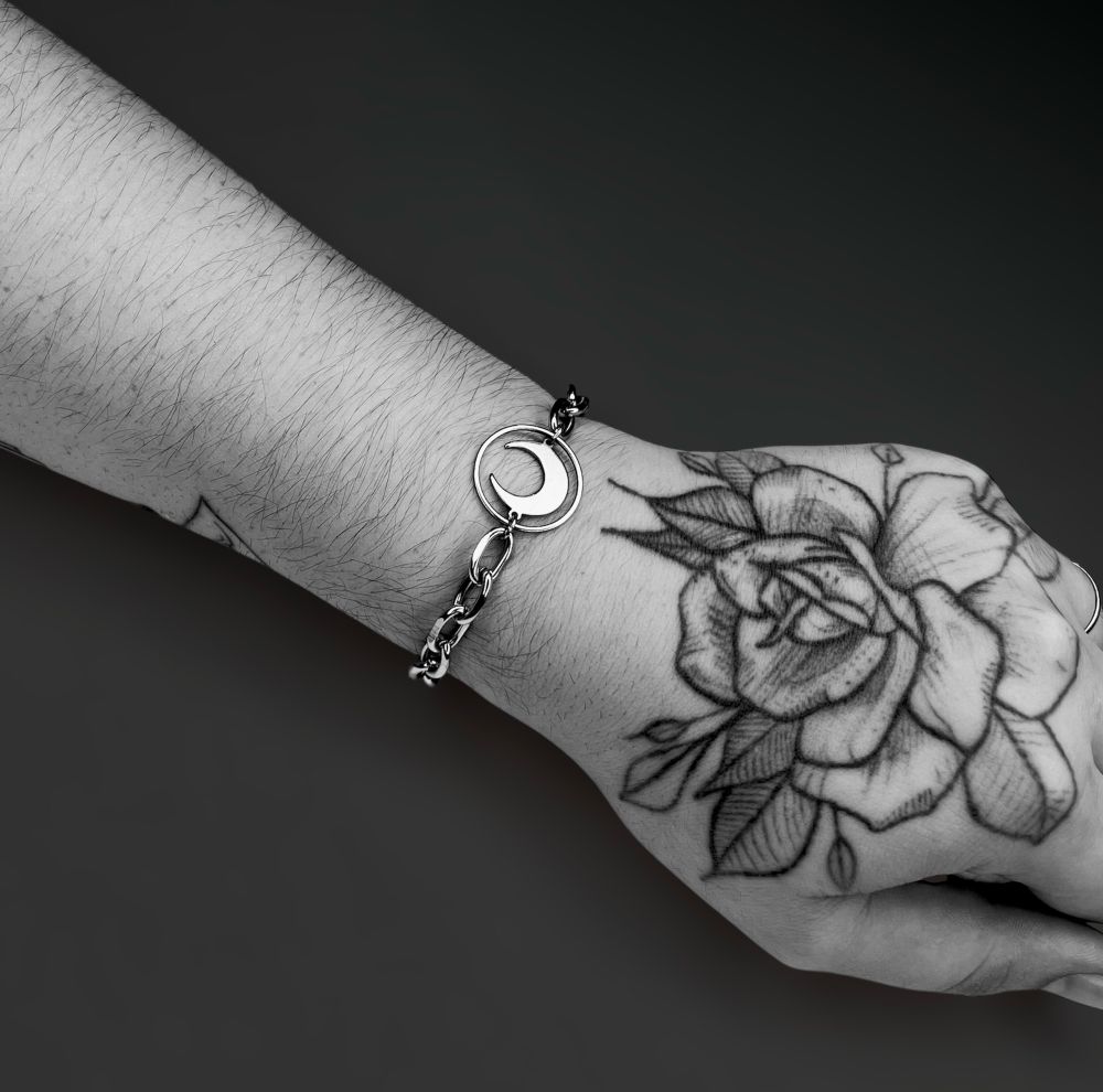 Handmade Stainless Steel DABS Moon Bracelet - Midnight Edition | Hypoallergenic | Mystical Design | Celestial, Mystic, Gothic, Punk, Unisex