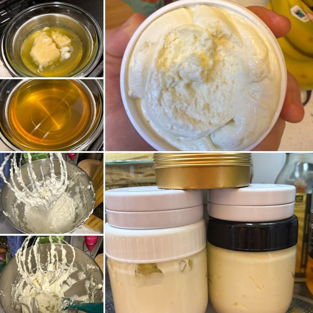 This image contains a strip of four photos taking up about 1/3 of the space and then two images stacked on each other. The strip of images moves from top to bottom. The pictures are: semi melted cocoa and shea butters; the melted butters mixed with oils, the body butter being whipped; the body butter being moved to a piping bag by a green spatula. The rest of the field is taken up by two images. In the first, a woman’s hand holds a white container of piped body butter. In the second, two large jars sit side by side in a refrigerator. Atop, there are three smaller canisters. All contain the whipped body butter. 