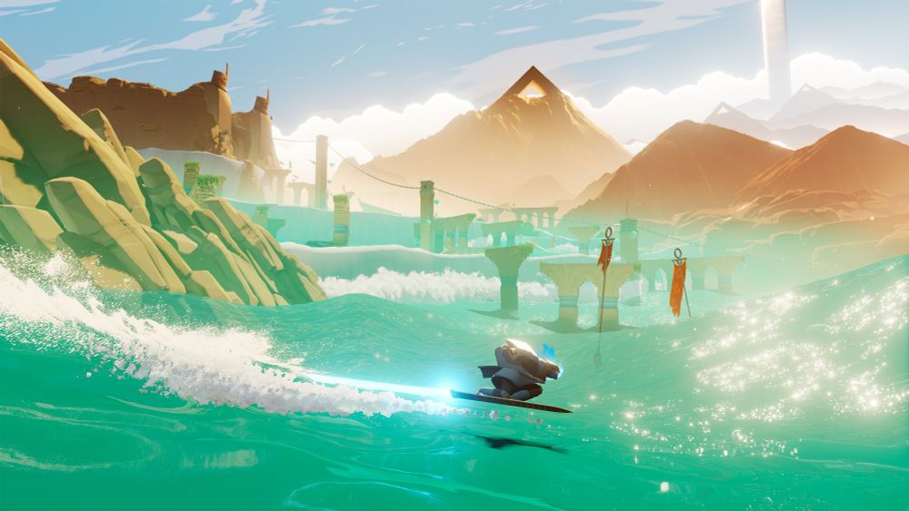 A screenshot from the upcoming game Sword of the Sea showing a vista of sparkling waves tiered into the distance with a pyramid structure standing tall above the rest of the landscape. The Wraith tears across the oceanscape at high speeds while upon a hoversword.