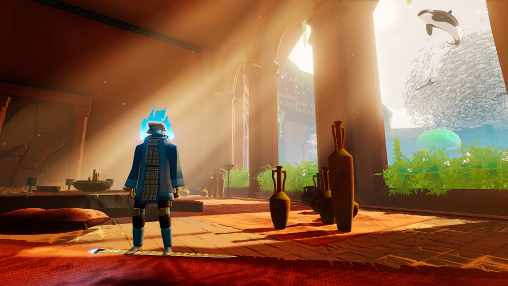 A screenshot form Sword of the Sea where a mysterious rider with a blue fire surrounding his head and glowing blue eyes stands upon a hoversword looking out of a balcony window towards a bailball surrounded by orcas and jellyfish.