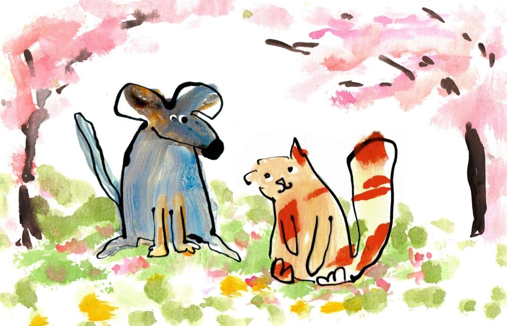 A splodgy paint illustration of a dog and a cat sitting among the cherry trees. They are looking at each other very happily ❤️