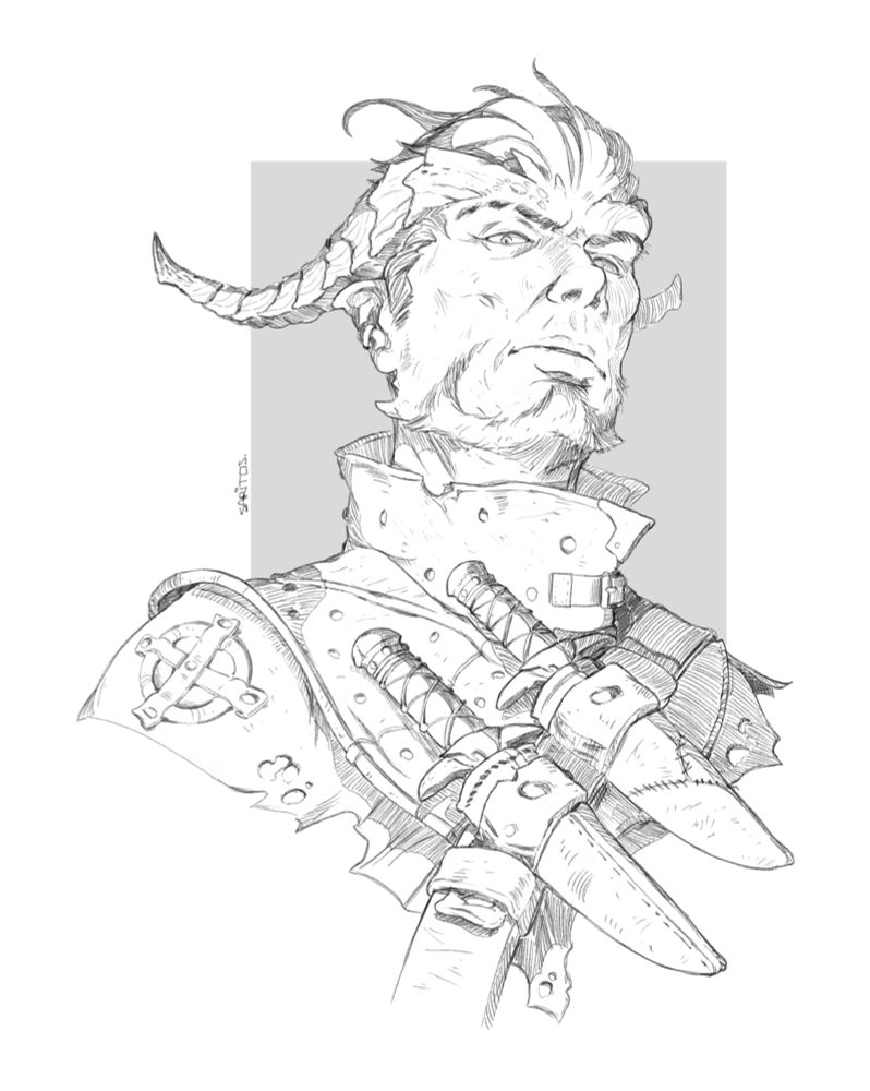 portrait of a tiefling bloodhunter