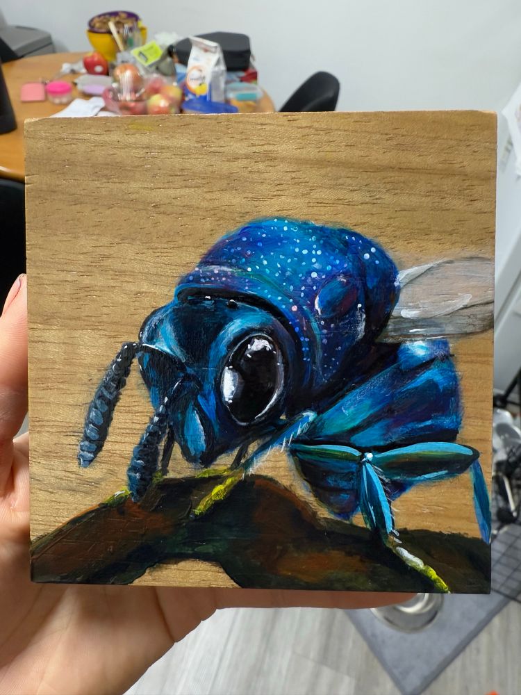tiny blue wasp on a small block of wood 